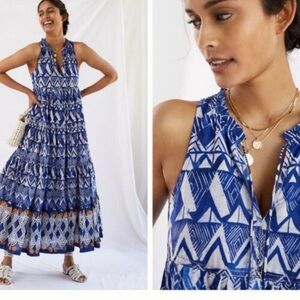 BY ANTHROPOLOGIE TIERED BLUE/WHITE PRINT SLEEVELESS COTTON DRESS $138